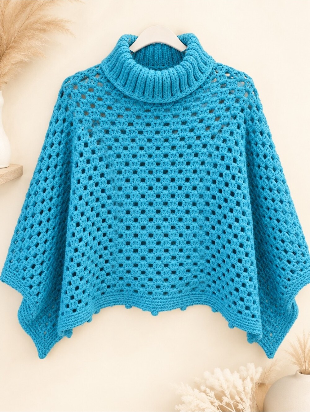 Turquoise Crochet Turtleneck Poncho Sweater - Women